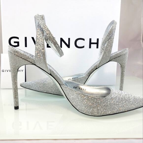 NWT$825 Givenchy Logo Ankle-Strap Silver Glitter Leather Pumps 100 Heels Sz 9 - Picture 8 of 16
